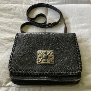 Vtg AMERICAN WEST Black Tooled  LEATHER Crossbody PURSE BAG